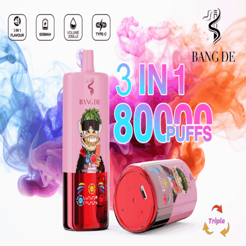 Promotional Image Of The Bang De Vape Device Featuring A Pink Design, Multiple Flavour Options, And Styling Elements, Against A Colourful Smoke Background With Bold Text Highlighting '3 In 1' And '80000 Puffs'.
