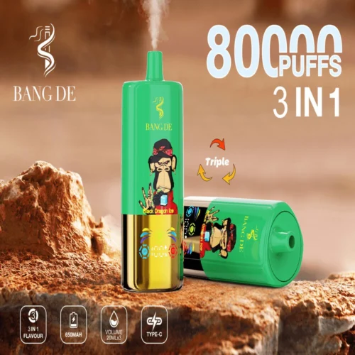 Promotional Image Of A Bang De Brand Disposable Vape With A Capacity Of 80,000 Puffs, Featuring A Green And Gold Design, '3 In 1' Flavour Options, And Showcasing A Cartoon Monkey Graphic.