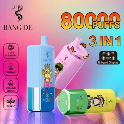 Promotional Graphic Showcasing Bang De 3-In-1 Flavoured Vapes With Colorful Ape-Themed Designs Against A Gradient Background, Featuring Product Highlights Such As 80,000 Puffs, A 650Mah Battery, And A Type-C Charging Port.