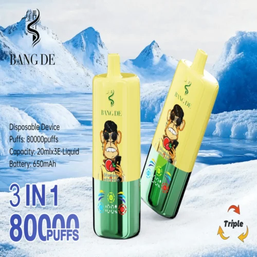Promotional Image For The Bang De Disposable Vaping Device Featuring A Cartoon Monkey Graphic On The Device, Set Against A Snowy Mountain Backdrop, With Highlights Including '80000 Puffs,' A 650Mah Battery, And 3-In-1 Functionality.