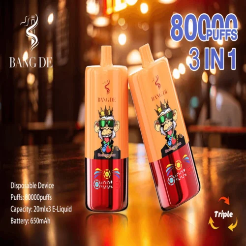 Promotional Image Showing Two Bang De Disposable Vaping Devices In Orange And Red Gradient Design, Adorned With A Caricature Of A Cartoon Monkey, Featuring A 'Blueberry Fizz' Flavor Label And Specifications Text Indicating 80,000 Puffs With A 650Mah Battery Capacity.