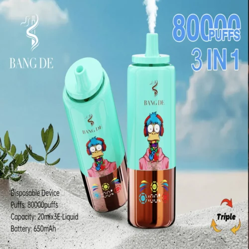 Promotional Image Of Bang De Disposable Vaping Devices Featuring A Turquoise And Copper Color Scheme, Cartoon Character Artwork, And Text Highlighting Features Such As 80000 Puffs, 3-In-1 Flavor, 20Ml Liquid Capacity, And A 650Mah Battery, Set Against A Light Outdoor Backdrop.